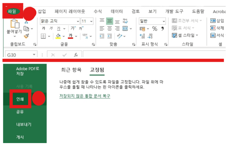 엑셀 파일에서 인쇄 들어가는 화면 이미지